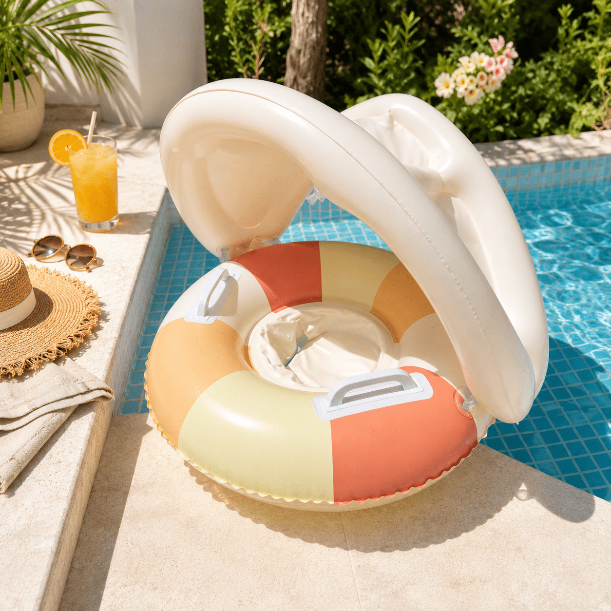 An inflatable baby pool float with a white canopy shade sits by a swimming pool. The float has pastel sections of orange, cream, and peach, with white handles.